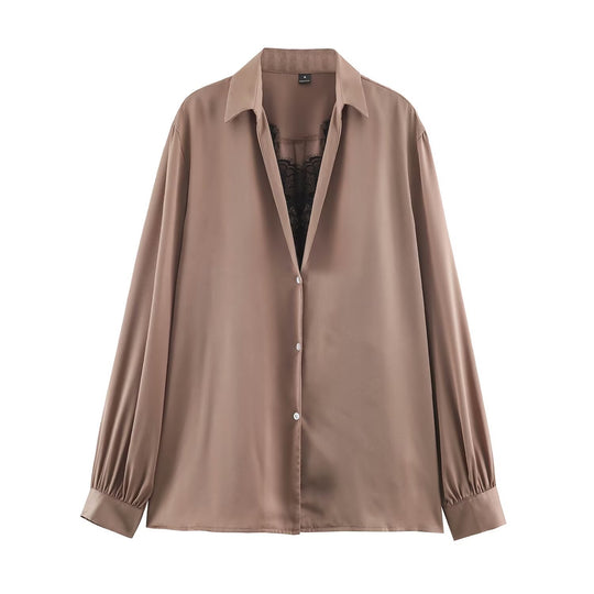 Damen Seidige Oversize-Bluse mit Spitzeneinsatz und Hemdkragen Shop Nory