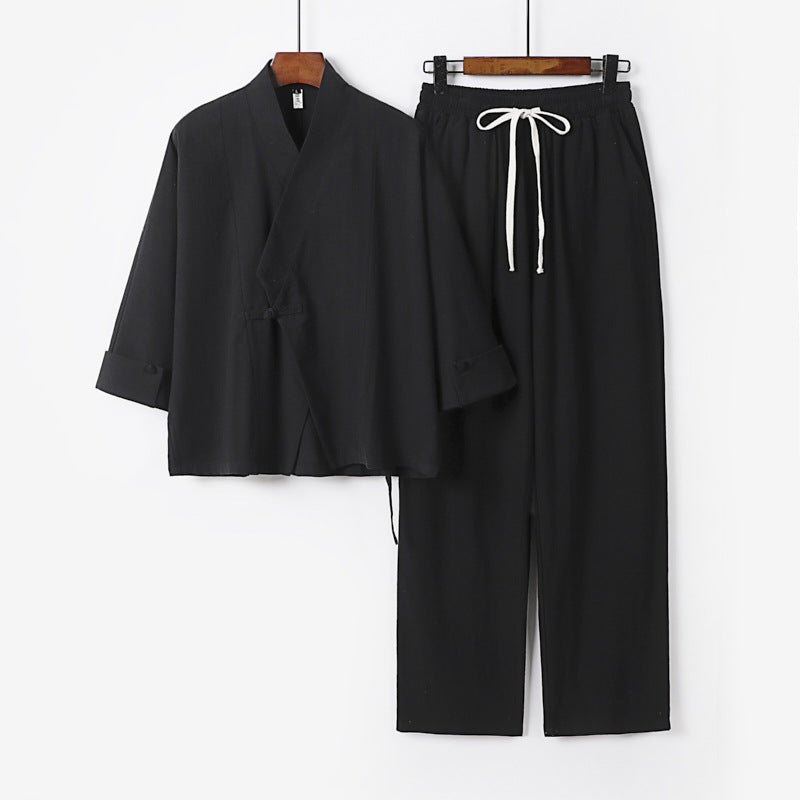 Unisex Leichtes Zen-Lounge-Set im Kimono-Stil mit überschnittener Schulter verdeckter Knotenleiste und elastischer Tunnelzughose Shop Nory