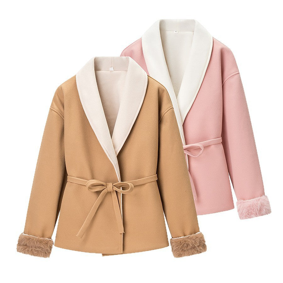 Damen Kurzblazer‑Mantel mit Kimono‑Schalkragen, Taillengürtel und Kunstfell‑Bündchen Shop Nory