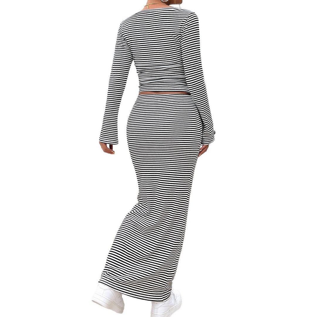 Damen nan gestreiftes zweiteiliges Bodycon-Set mit Langarm-Crop-Top und tailliertem Maxirock Shop Nory