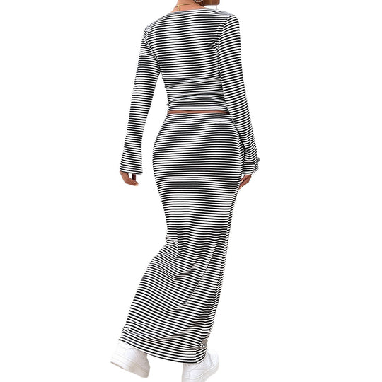 Damen nan gestreiftes zweiteiliges Bodycon-Set mit Langarm-Crop-Top und tailliertem Maxirock Shop Nory