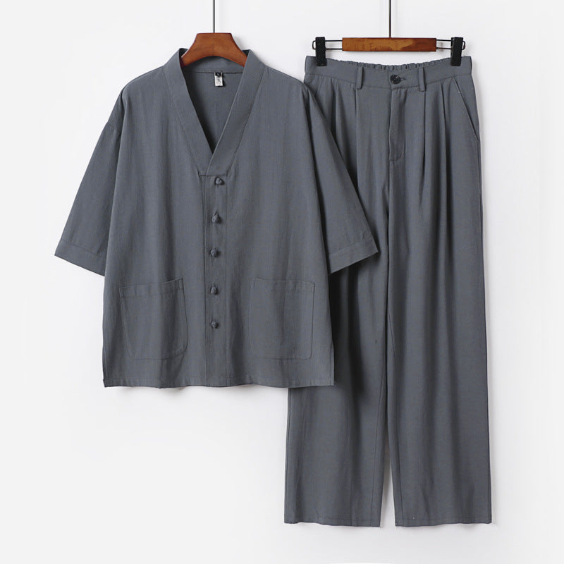 Unisex Zen-inspiriertes Relax-Set mit Kurzarm-Kimono-Oberteil, verdeckter Knopfleiste und elastischer Bundhose Shop Nory