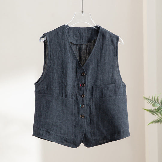 Damen Leichte Leinenweste im Utility-Look mit V-Ausschnitt und großen Aufgesetzten Taschen Shop Nory