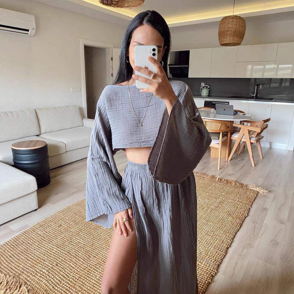 Damen luftiges Set aus cropped Oberteil und hoch geschnittenem Rock