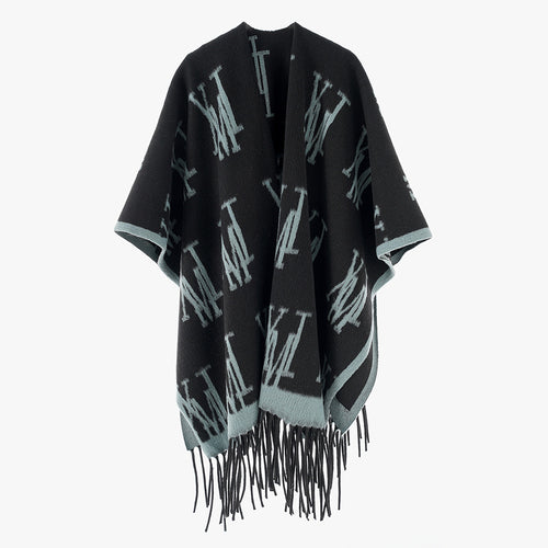 Damen Oversize-Monogramm-Capeponcho aus Wollmix mit Fransensaum Shop Nory