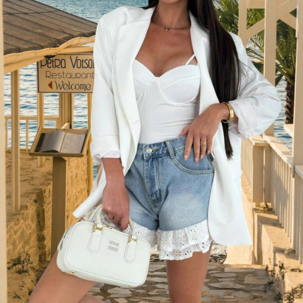 Damen Denim-Shorts mit verspieltem Rüschensaum und hohem Taillenbund