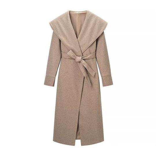 Damen Maxi-Mantel im Wickelstil mit breitem Schalkragen und Krempelärmeln Shop Nory