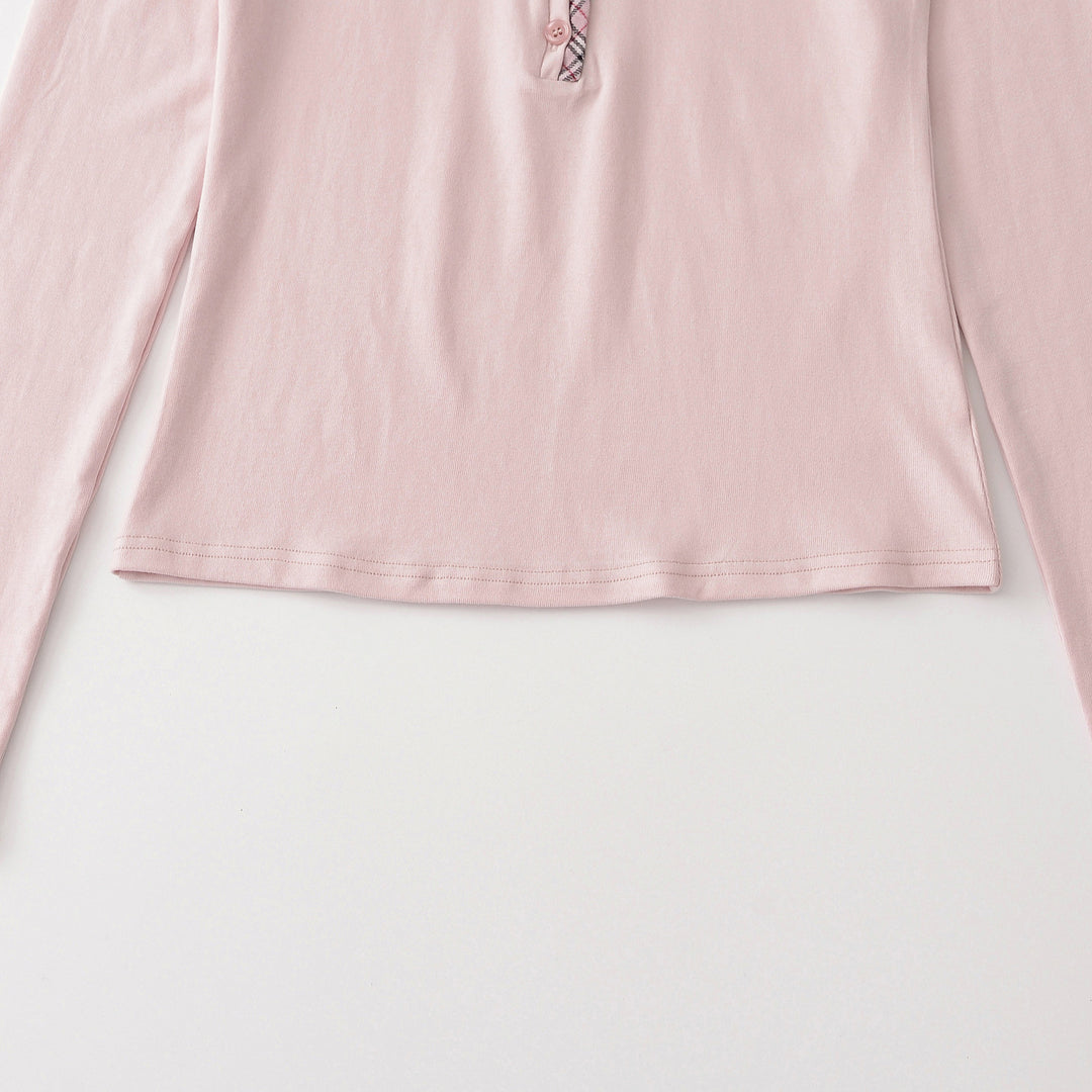 Damen Langarmshirt mit V-Ausschnitt, Knopfleiste und Karobesatz Shop Nory