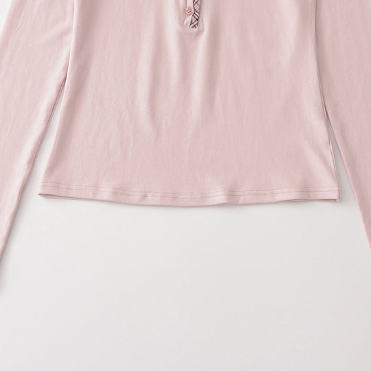 Damen Langarmshirt mit V-Ausschnitt, Knopfleiste und Karobesatz Shop Nory