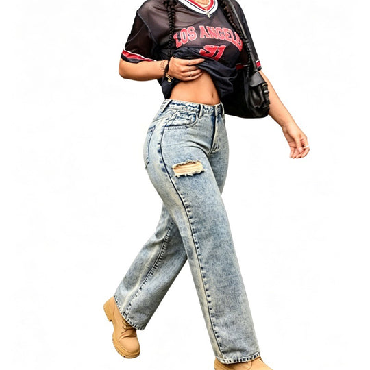 Damen High-Waist Relaxed-Jeans mit Steinwasch-Effekt und seitlichem aufgerissenem Einsatz Shop Nory