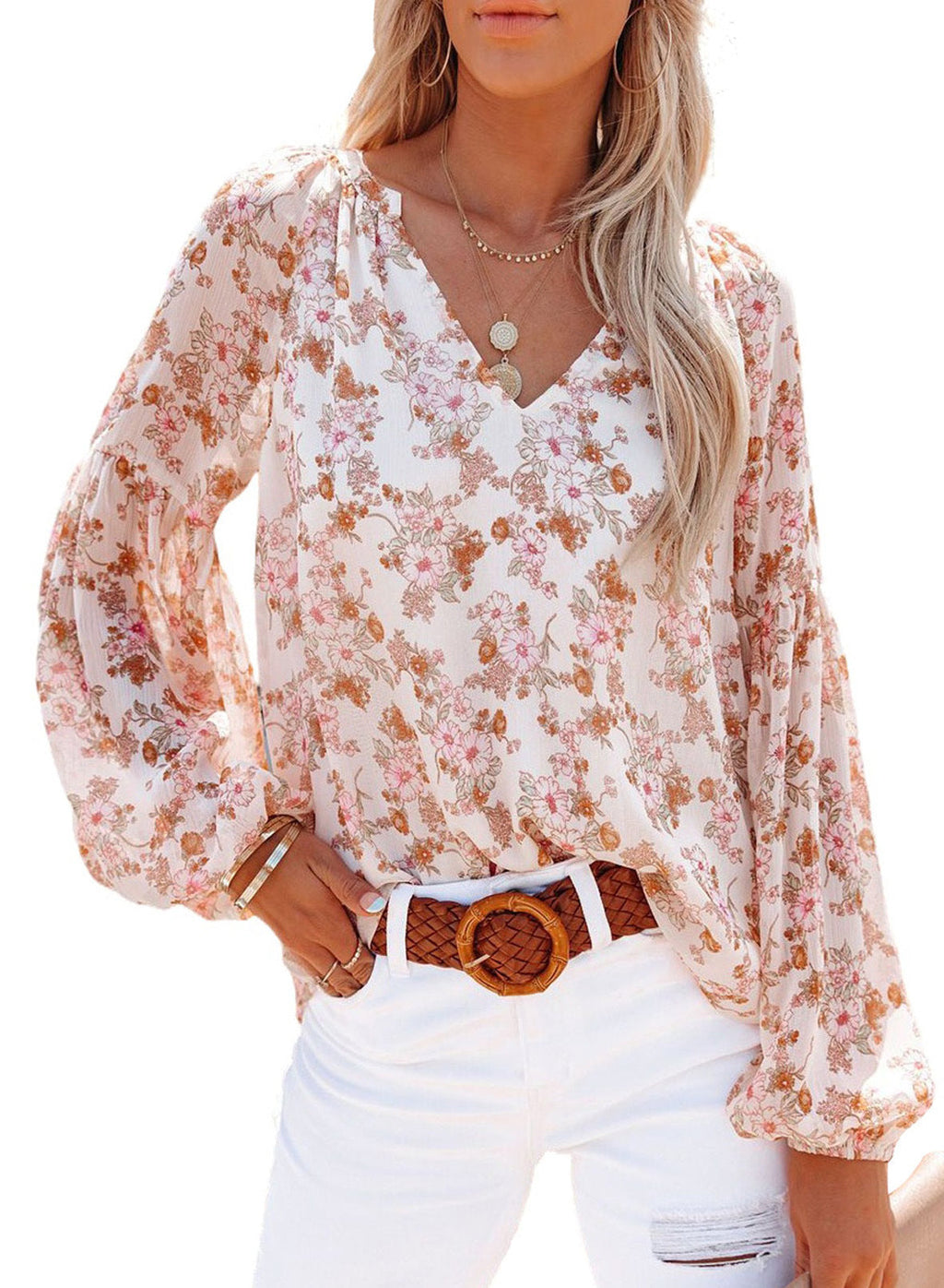 Damen Bluse mit floralen Mustern und V-Ausschnitt