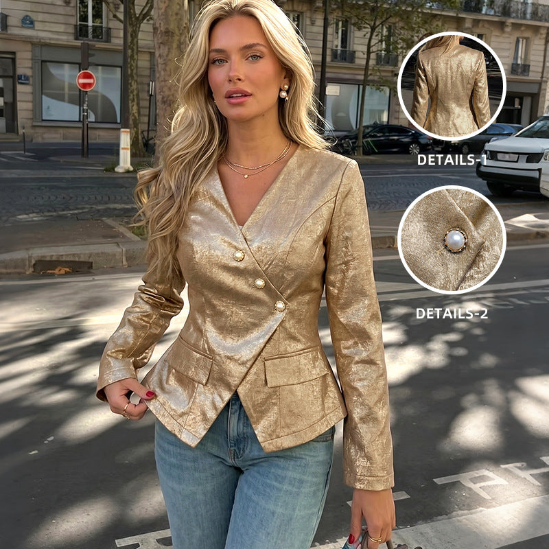 Damen Taillierter Metallic-Blazer mit Perlenknopfleiste und Schößchen Shop Nory