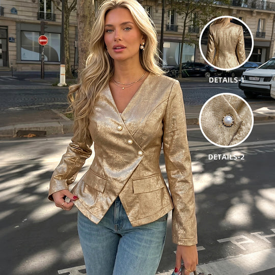 Damen Taillierter Metallic-Blazer mit Perlenknopfleiste und Schößchen Shop Nory