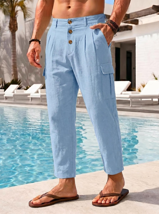 Herren lässige Leinen-Cargo-Chino mit Knopfleiste, Bundfalten und gekürzter Knöchellänge Shop Nory