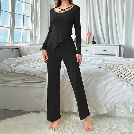 Damen lässiges Lounge-Set mit asymmetrischem Zipfeloberteil, gekreuztem Ausschnitt und weitem Bein Shop Nory