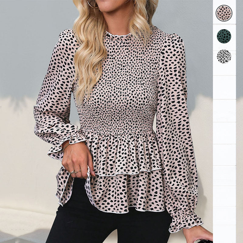 Damen Gesmoktes Chiffon-Blusenshirt mit Stufen-Peplum und Rüschenärmeln Shop Nory