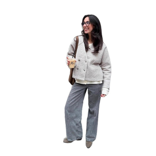 Damen Kurze Teddyjacke mit Doppelknopf-Verschluss und V‑Ausschnitt Shop Nory