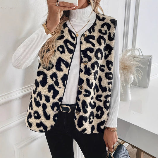 Damen nan gefütterte Teddyweste mit Leopardenstruktur, Knopfleiste und steppeinsätzen Shop Nory