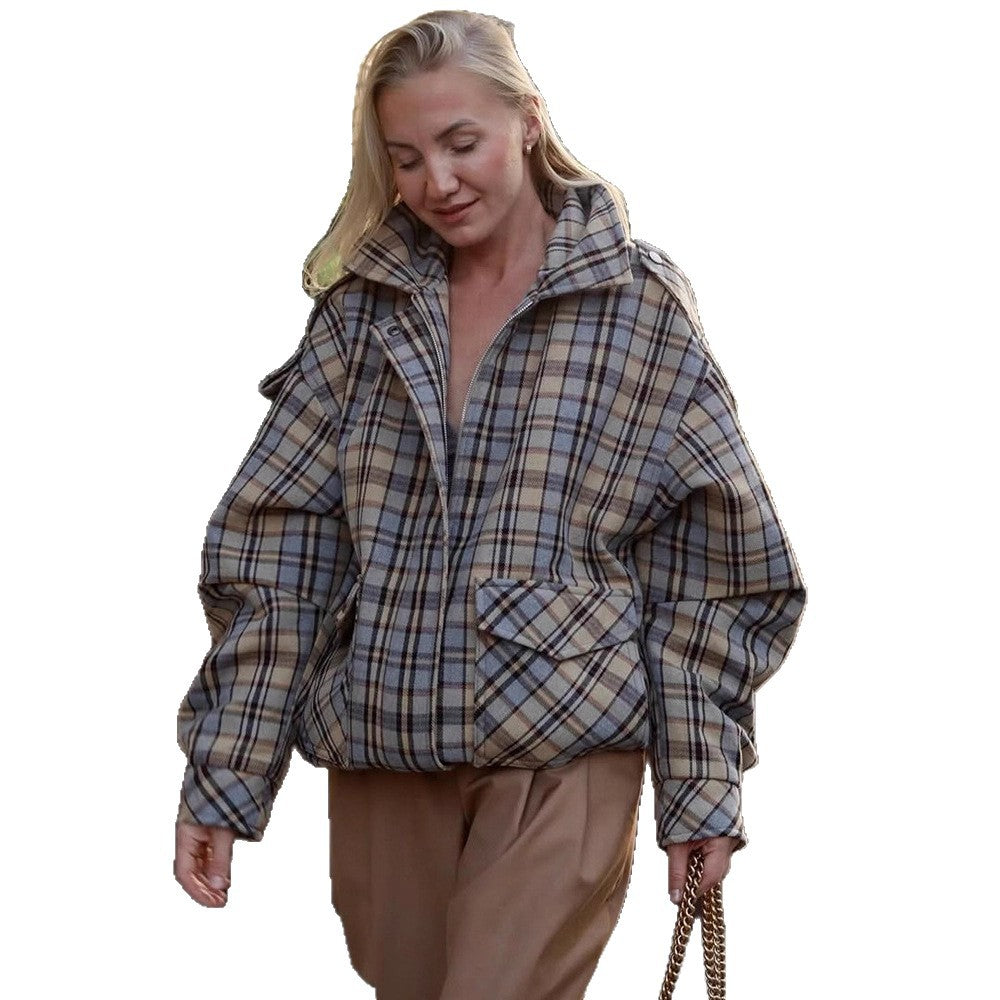 Damen Oversize-Karomantel im Boxy‑Schnitt mit Reißverschluss und Schulterklappen Shop Nory