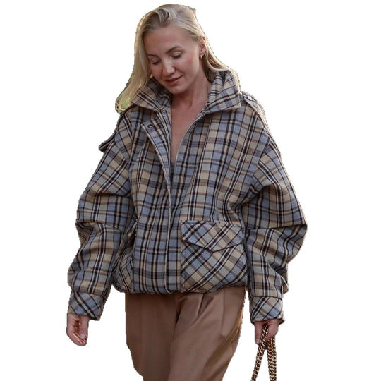 Damen Oversize-Karomantel im Boxy‑Schnitt mit Reißverschluss und Schulterklappen Shop Nory