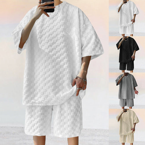Unisex nan übergroßes Freizeit-Set aus strukturierter Waffelqualität mit Rundhalsausschnitt und locker sitzender Bermudashorts