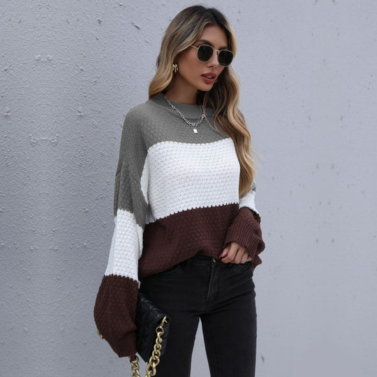 Damen Strukturstrick-Blockpullover mit überschnittener Schulter und Rundhalsausschnitt Shop Nory