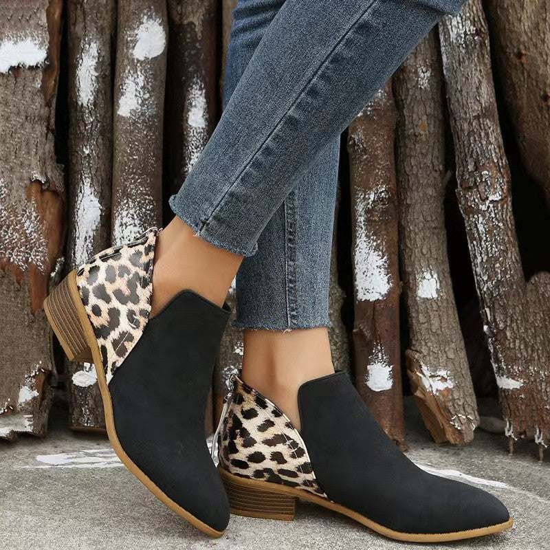 Damen Kurzschaft-Ankleboots mit spitzer Vorderkappe, Leoparden-Fersen und verdecktem Reißverschluss Shop Nory