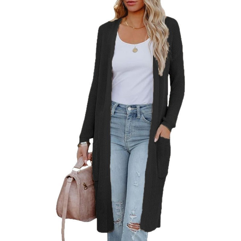 Damen Langer Strickcardigan mit elegantem offenes Design und praktischen Taschen