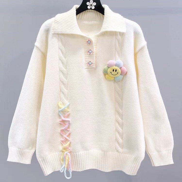 Damen Modischer Pullover mit Blumenapplikationen und Kabelmuster Shop Nory