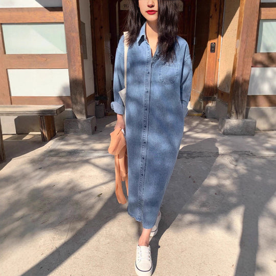 Damen Langes Oversize-Denim-Hemdblusenkleid im washed-Look mit Brusttasche und umgeschlagenen Ärmeln Shop Nory