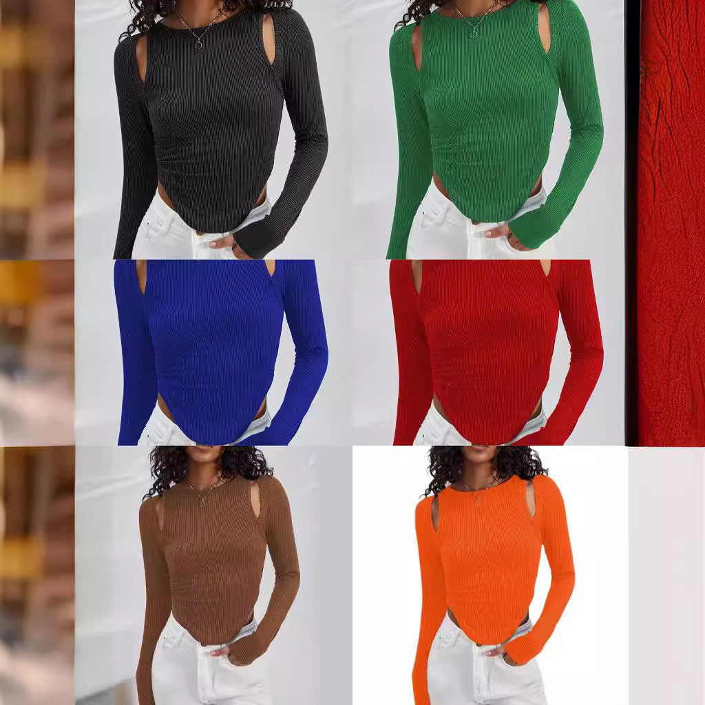 Damen Langarmshirt mit asymmetrischem Cut-Out und Rippstruktur
