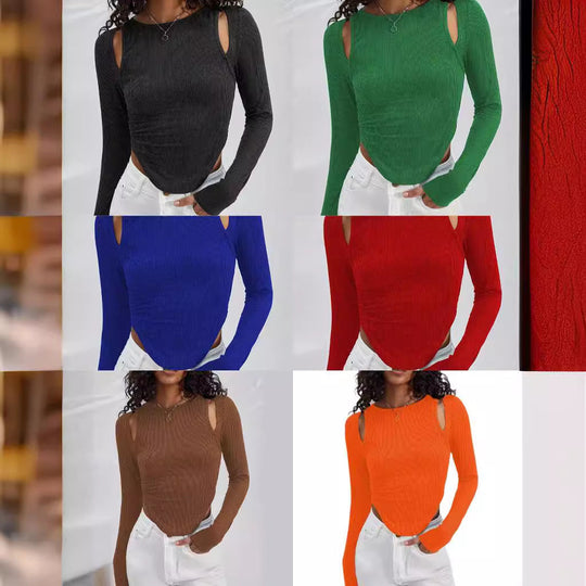 Damen Langarmshirt mit asymmetrischem Cut-Out und Rippstruktur