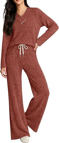 Damen Weiches Rippstrick-Lounge-Set mit V-Ausschnitt und Kordelbund Shop Nory