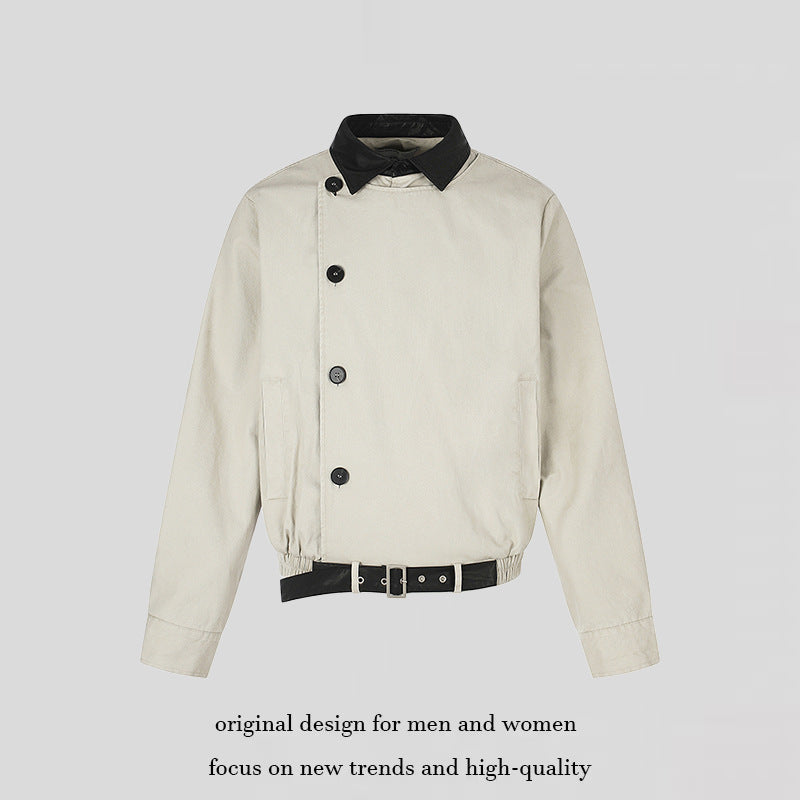Herren Asymmetrische Canvas-Bomberjacke mit Lederriemen und Stehkragen Shop Nory