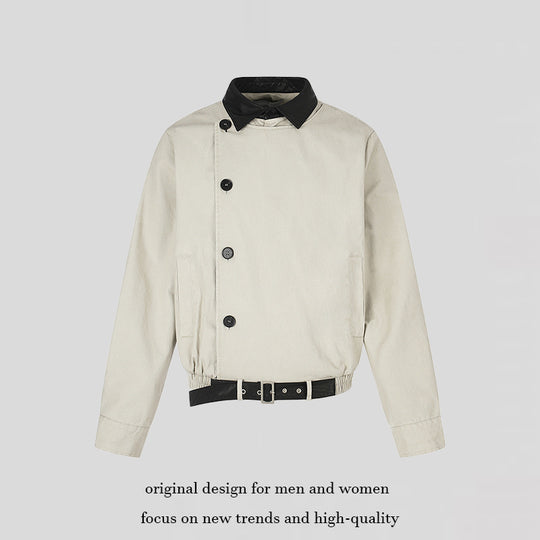Herren Asymmetrische Canvas-Bomberjacke mit Lederriemen und Stehkragen Shop Nory
