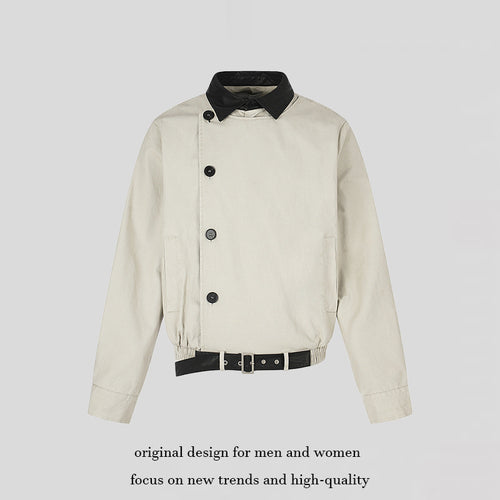 Herren Asymmetrische Canvas-Bomberjacke mit Lederriemen und Stehkragen Shop Nory