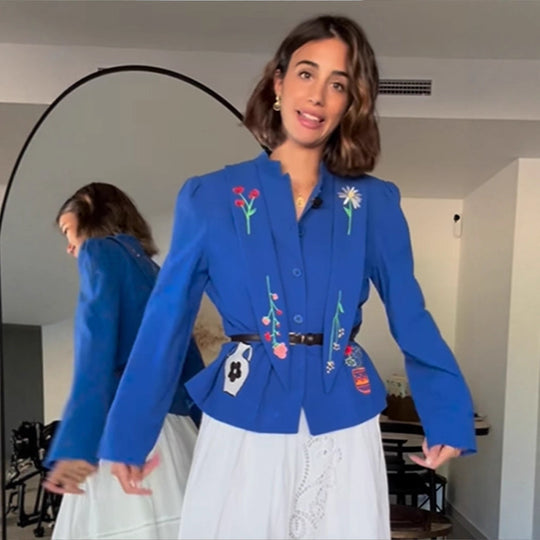 Damen Bestickte taillierte Kurzjacke mit Schößchen und Gürtel Shop Nory