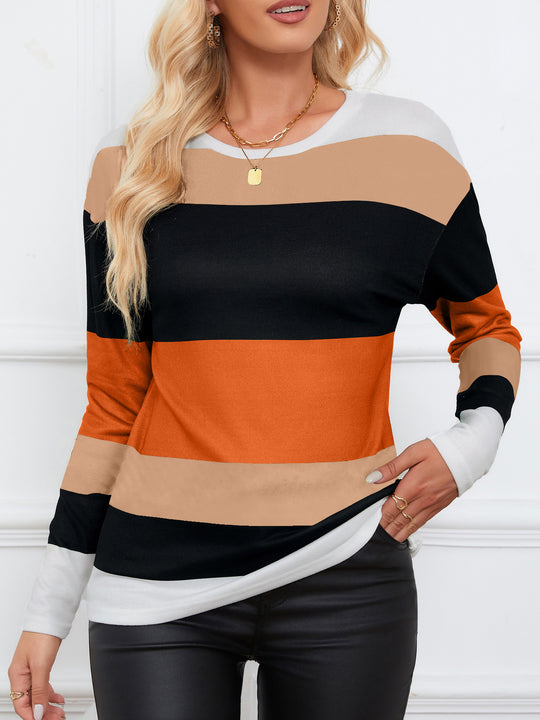 Damen Gestreiftes Langarm-Strickshirt mit Leoprint-Einsätzen und Rundhalsausschnitt Shop Nory