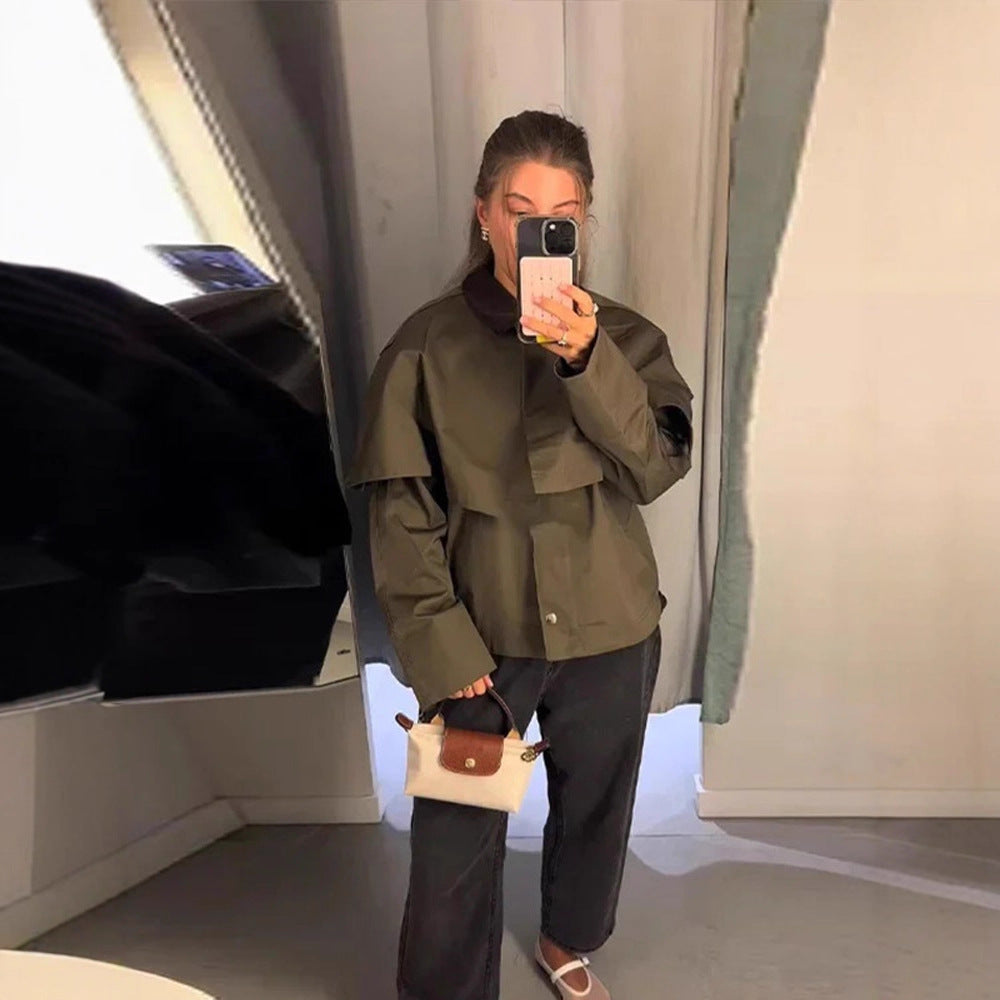 Damen Kurztrenchjacke mit Cape-Overlay und Oversize-Ärmeln Shop Nory