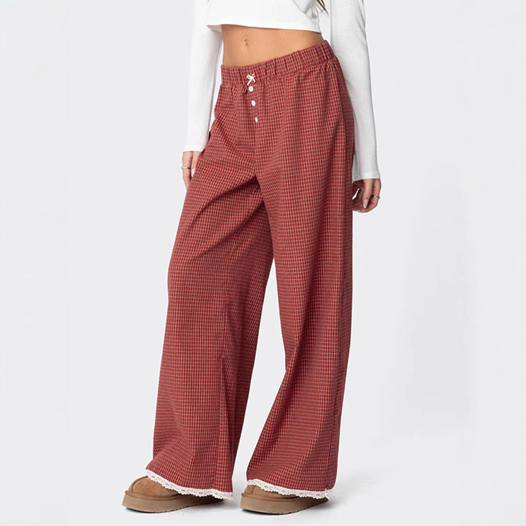 Damen Weite Lounge-Hose mit Gummibund, Knopfleiste & Spitzenbesatz Shop Nory