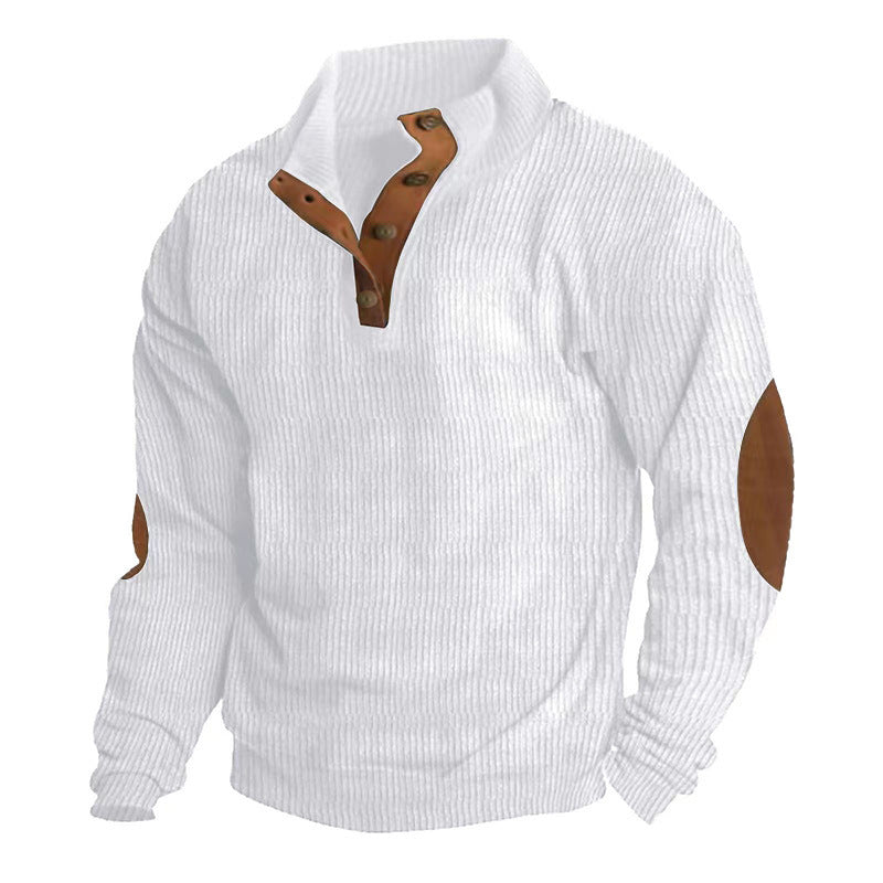 Herren nan gerippter Pullover mit Henley-Kragen und Leder-Ellbogenpatches Shop Nory