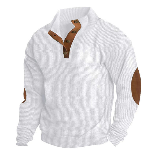 Herren nan gerippter Pullover mit Henley-Kragen und Leder-Ellbogenpatches Shop Nory