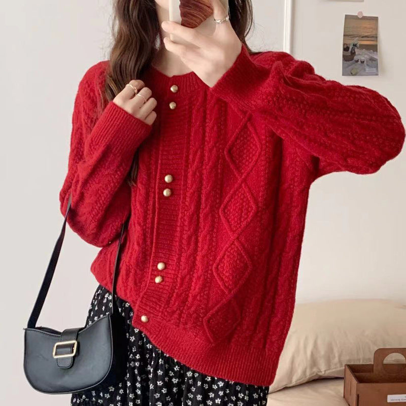 Damen Gemütlicher Strickjacke mit Perlknöpfen Shop Nory