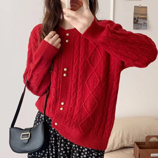Damen Gemütlicher Strickjacke mit Perlknöpfen Shop Nory