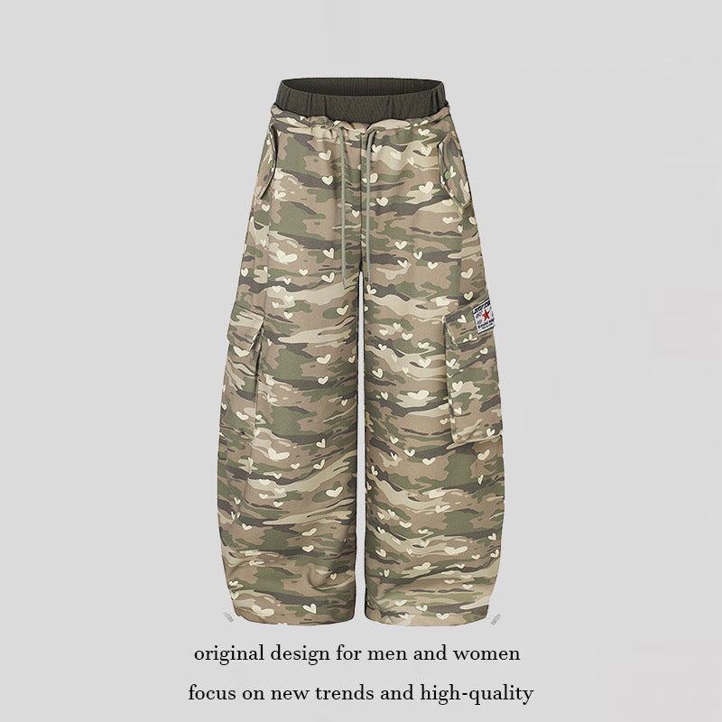 Damen Weite Cargo-Hose mit Herzen-Camouflage, Tunnelzugbund und großzügigen Taschen Shop Nory