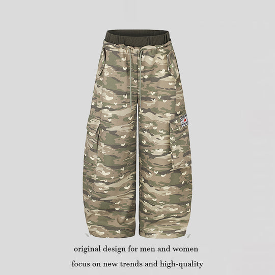 Damen Weite Cargo-Hose mit Herzen-Camouflage, Tunnelzugbund und großzügigen Taschen Shop Nory