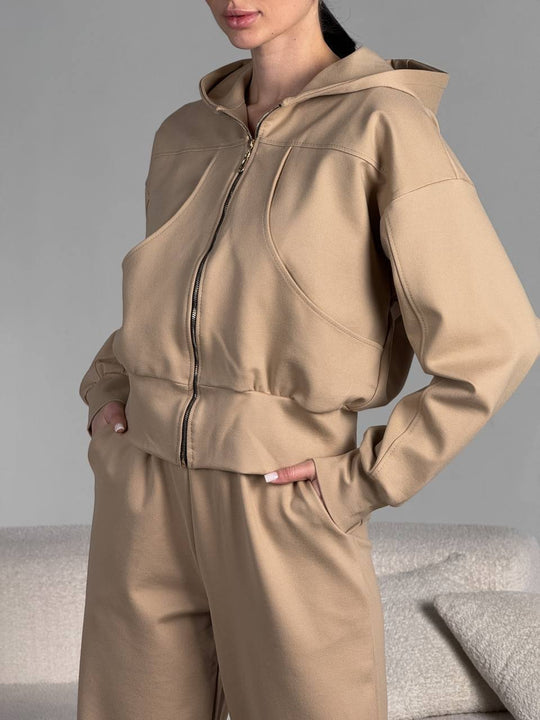 Damen kurz geschnittene Reißverschluss-Kapuzenjacke mit überschnittener Schulter, tiefen Eingrifftaschen und elastischem Bund Shop Nory