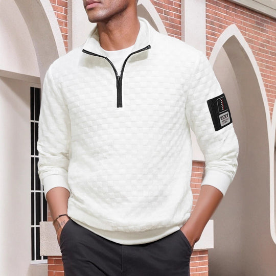 Herren strukturierter Stehkragen-Halbzip-Pullover mit Karosteppung, elastischen Bündchen und Ärmel-Patch Shop Nory
