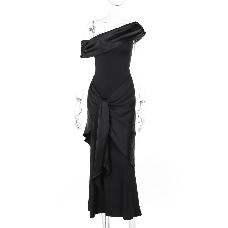 Damen Langarm Maxikleid mit asymmetrischem Schnitt und dekorativen Drapierungen