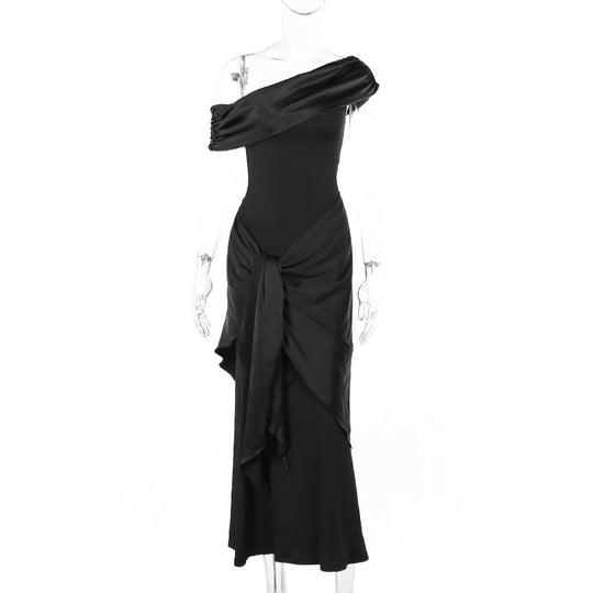 Damen Langarm Maxikleid mit asymmetrischem Schnitt und dekorativen Drapierungen